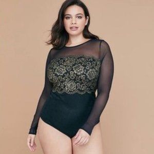 Cacique Black Mesh Lace Gold Metallic Long Sleeve Bodysuit
